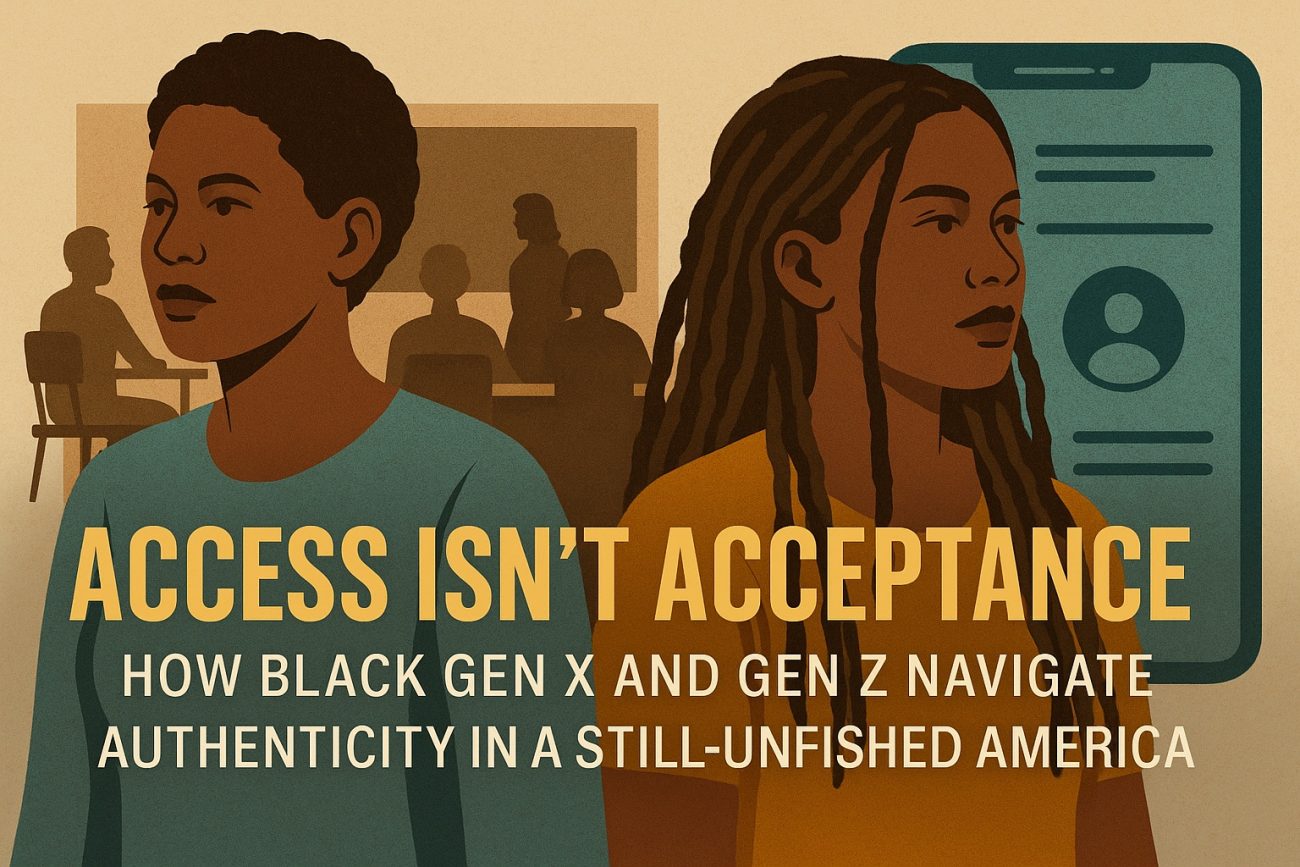 Illustration showing two African American women from different generations. On the left, a Gen X woman sits in a 1990s classroom setting, while on the right, a Gen Z woman stands before a large smartphone screen. The image symbolizes the contrast between analog and digital eras, representing how Black Gen X and Gen Z experience visibility, authenticity, and belonging in America. The text across the image reads, “Access Isn’t Acceptance: How Black Gen X and Gen Z Navigate Authenticity in a Still-Unfinished America.”