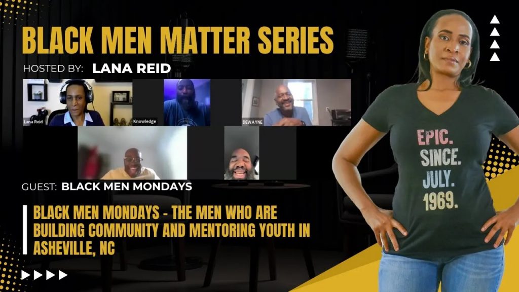 Lana Reid interviewing Knowledge Green—Director of Community Development and founder of Youth Struggle—along with members of Black Men Mondays, a nonprofit organization in Asheville, North Carolina, dedicated to empowering Black men through mentorship, community service, and neighborhood uplift projects on The Male Perspective podcast.