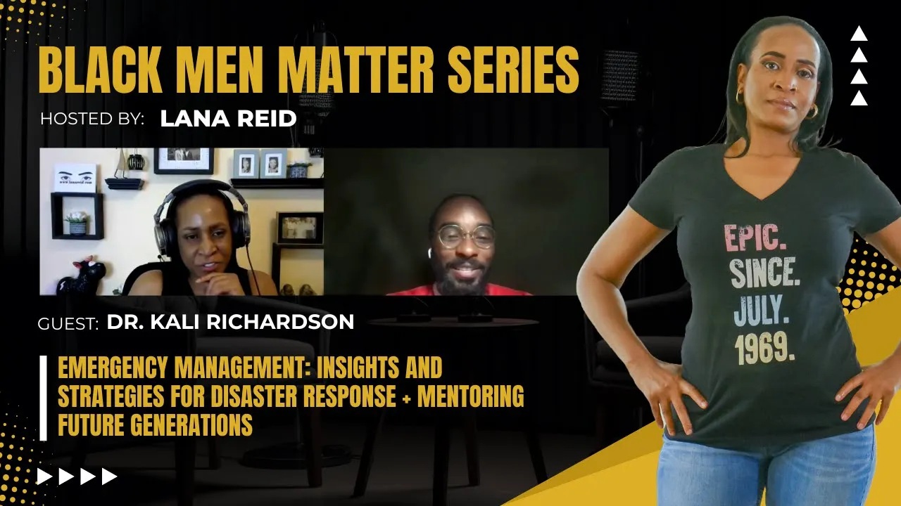 Lana Reid interviewing Dr. Kali Richardson—inspirational millennial speaker, consultant, and author—on The Male Perspective podcast. Dr. Richardson discusses his work and research in emergency management, focusing on strategies to reduce disaster impacts and strengthen community response. He also highlights his mentorship efforts and the importance of Black men being active role models and leaders in their local communities.