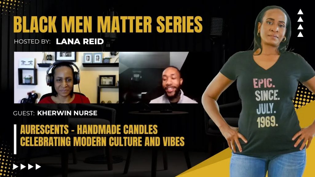 Lana Reid interviewing Kherwin Nurse—digital marketing strategist and founder of Aurescents—on The Male Perspective podcast, discussing his handmade candle collection inspired by modern culture, the creative process behind Aurescents’ signature scents, and tips for maintaining candles to enhance ambiance and longevity.