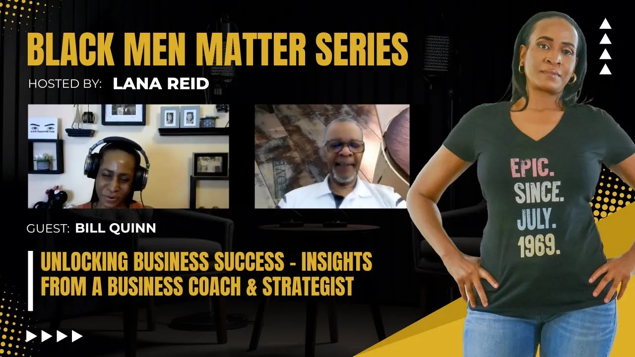 Lana Reid interviewing business coach and author Bill Quinn on The Male Perspective, discussing family businesses, scaling strategies, partnerships, and small business consulting.