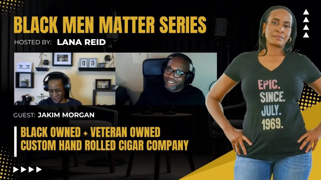 Lana Reid interviewing Jakim Morgan on The Male Perspective, discussing the craft of cigar making, proper cigar tools and storage, and the unique blends of his custom hand-rolled cigars inspired by his New York upbringing.