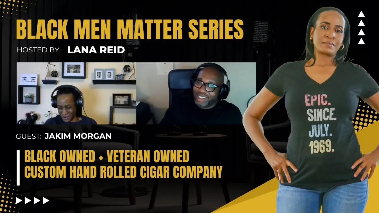 Lana Reid interviewing Jakim Morgan on The Male Perspective, discussing the craft of cigar making, proper cigar tools and storage, and the unique blends of his custom hand-rolled cigars inspired by his New York upbringing.