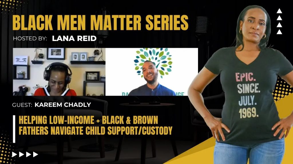 Lana Reid interviewing Kareem Chadly on The Male Perspective, discussing flaws in the U.S. child support system and how Dads Evoking Change supports low-income fathers of color through legal clinics, mediation, and advocacy.