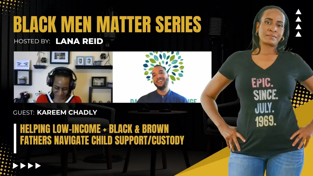 Lana Reid interviewing Kareem Chadly on The Male Perspective, discussing flaws in the U.S. child support system and how Dads Evoking Change supports low-income fathers of color through legal clinics, mediation, and advocacy.