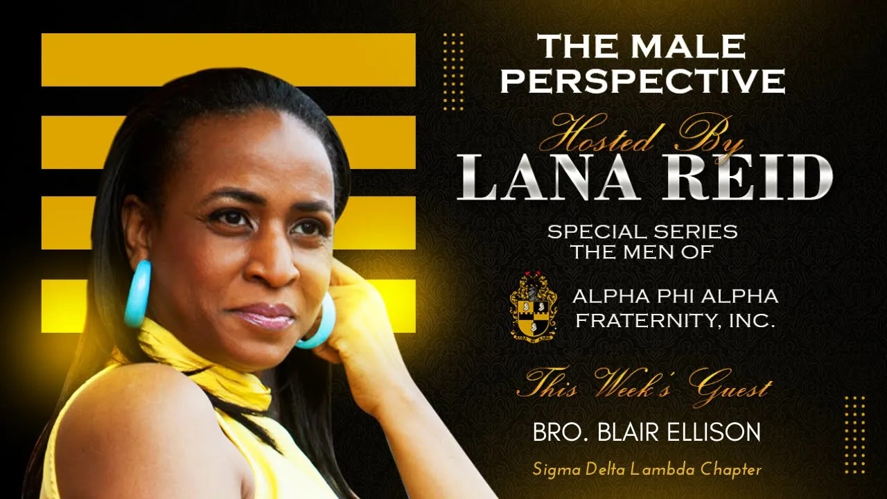 Lana Reid interviewing Bro. Blair Ellison on The Male Perspective, highlighting the Sigma Delta Lambda Chapter of Alpha Phi Alpha in Southfield, Michigan, and its community impact through youth mentoring, scholarships, and partnerships with local service organizations.