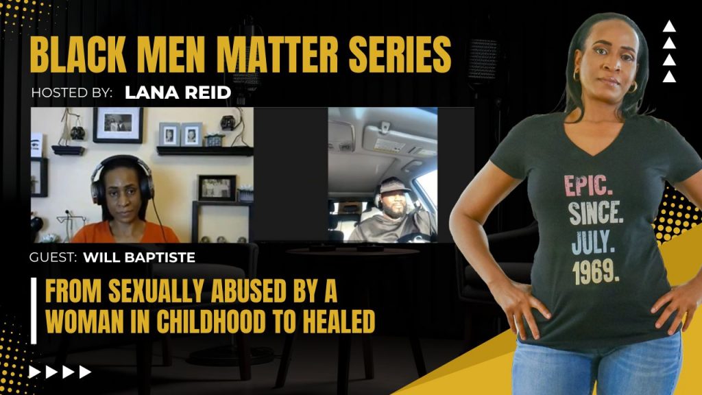Lana Reid interviewing Will Baptiste on The Male Perspective, discussing his healing journey from childhood sexual, physical, and emotional abuse, and how unresolved trauma can shape relationships and life decisions.