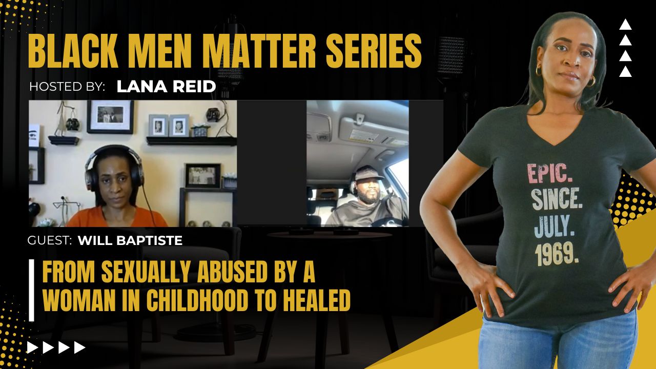 Lana Reid interviewing Will Baptiste on The Male Perspective, discussing his healing journey from childhood sexual, physical, and emotional abuse, and how unresolved trauma can shape relationships and life decisions.