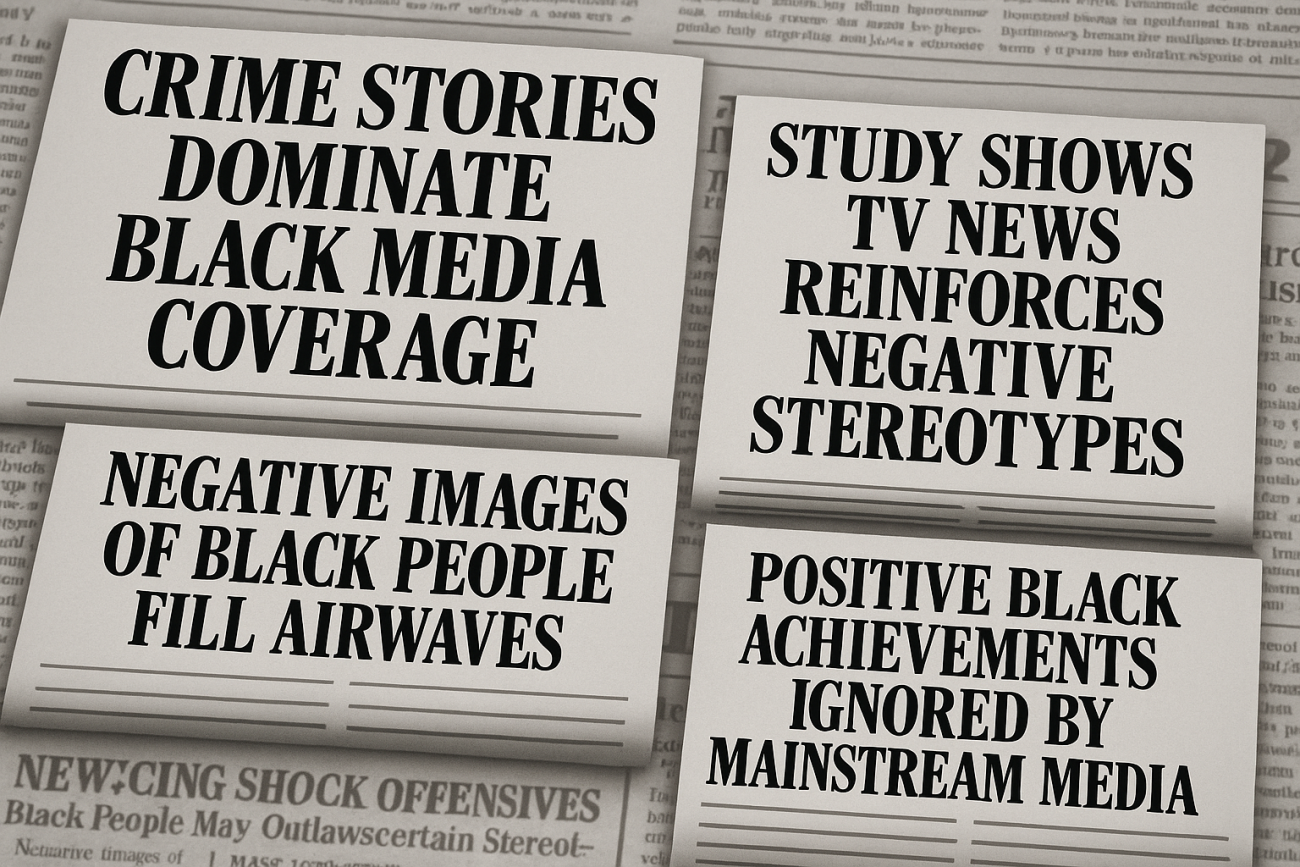 Collage of fictional newspaper headlines highlighting how mainstream media often focuses on negative stories about Black people while ignoring positive achievements.