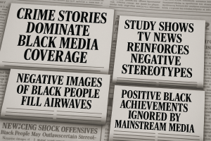 Collage of fictional newspaper headlines highlighting how mainstream media often focuses on negative stories about Black people while ignoring positive achievements.