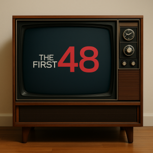 Vintage wooden floor TV displaying a fictional “The First 48” title screen, symbolizing how televised crime shows shape perceptions of Black Americans.