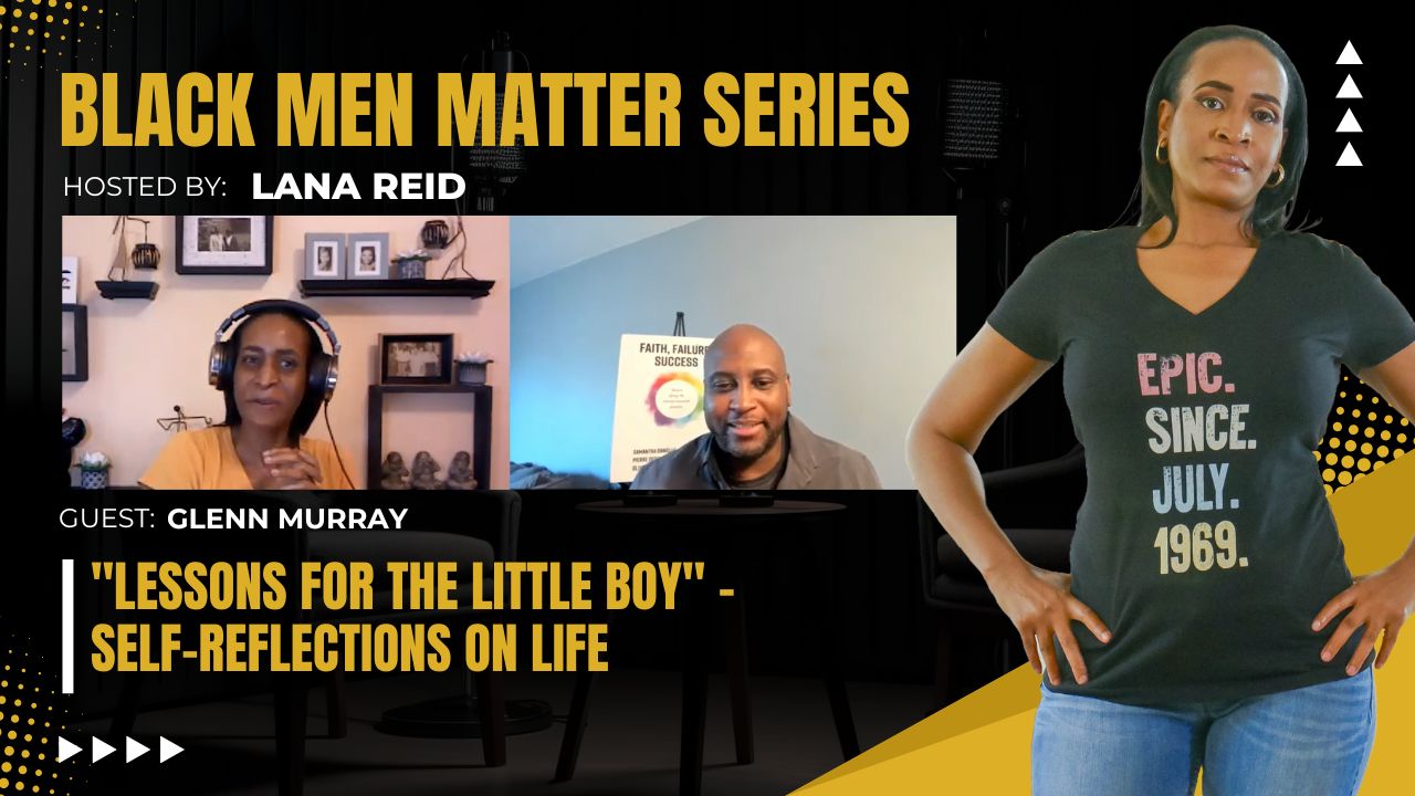 Lana Reid interviewing Glenn Murray on The Male Perspective, discussing his lessons in business, relationships, and manhood, and his mission to build uplifting, purpose-driven products and services.