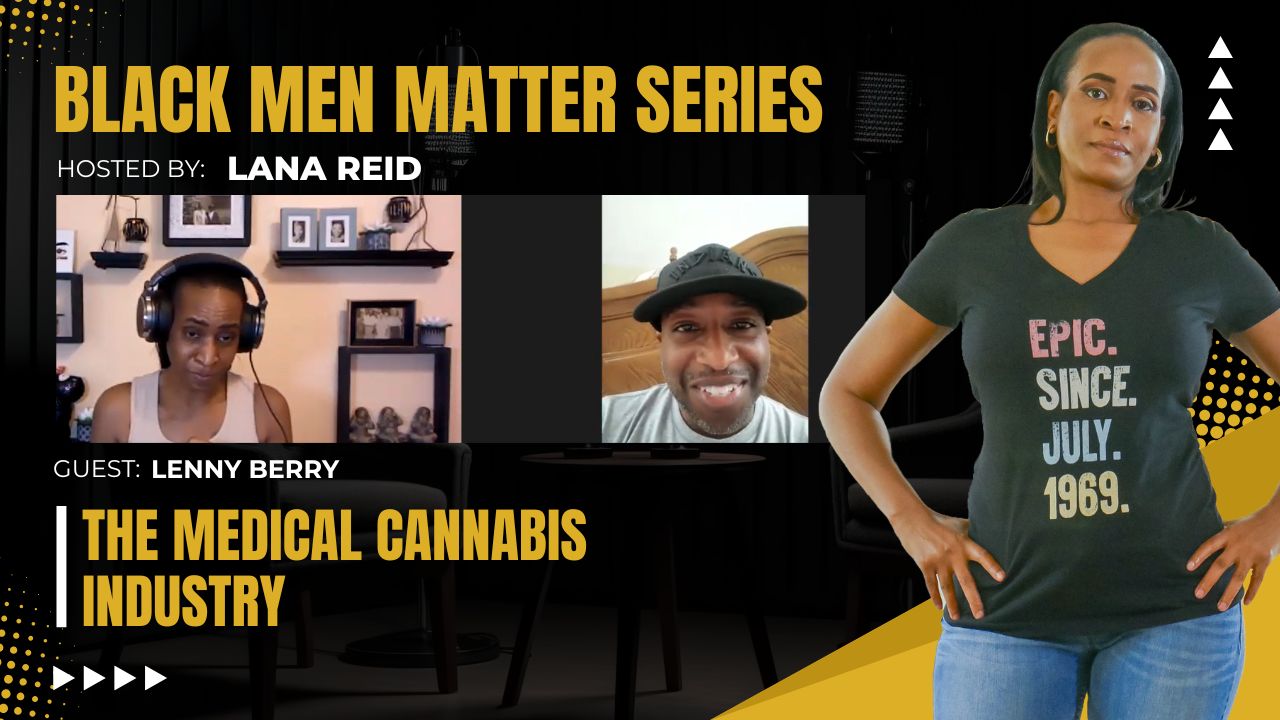 Lana Reid interviewing Lenny Berry on The Male Perspective, discussing medical cannabis operations, evolving cannabis legislation, and addressing stigmas surrounding medical marijuana in the health and business sectors.