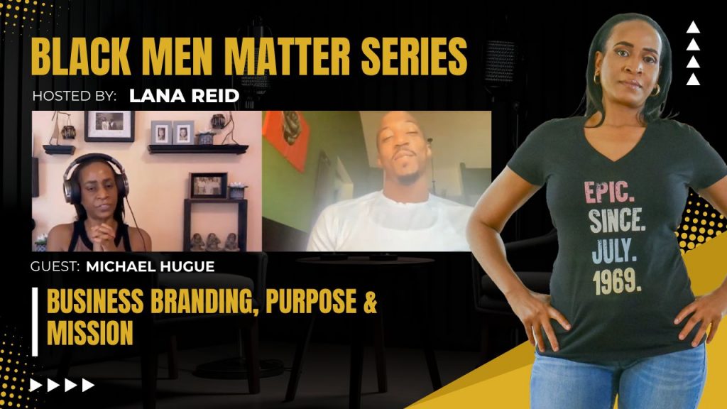 Lana Reid interviewing brand strategist and visual artist Michael Hugue on The Male Perspective, discussing the process of building a business brand, defining brand purpose, and understanding vision and mission.