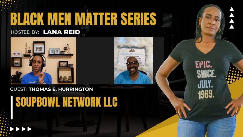 Lana Reid interviewing Thomas E. Hurrington on The Male Perspective, discussing SoupBowl Network’s charitable work in Utah, creative storytelling, and the intersection of mental health and wellness.