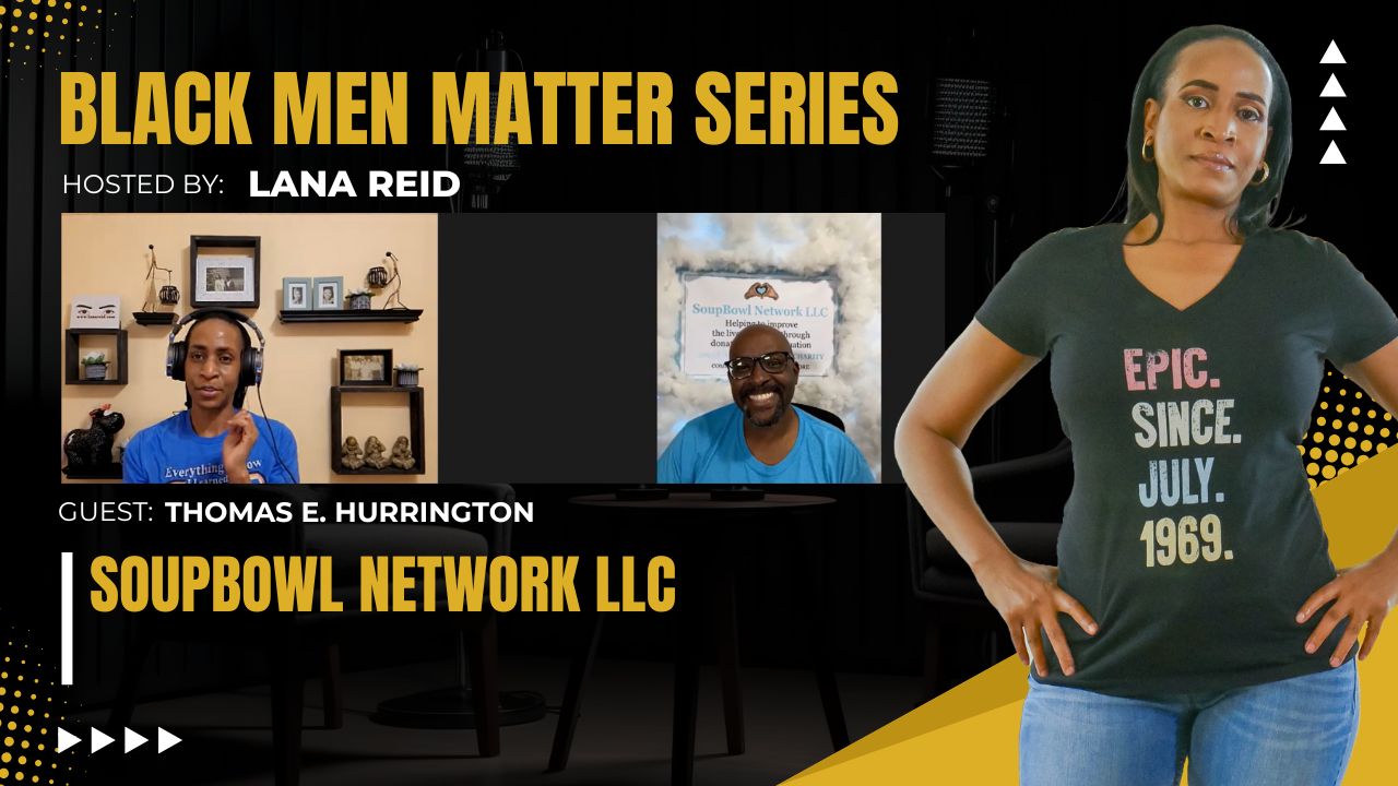 Lana Reid interviewing Thomas E. Hurrington on The Male Perspective, discussing SoupBowl Network’s charitable work in Utah, creative storytelling, and the intersection of mental health and wellness.