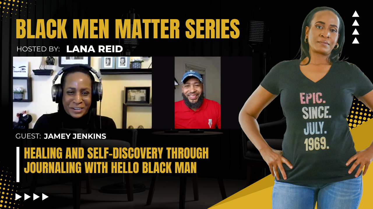 Lana Reid interviewing Jamey Jenkins on The Male Perspective, discussing Hello Black Man, intentional journaling, emotional wellness, self-reflection, and healing practices for Black men.