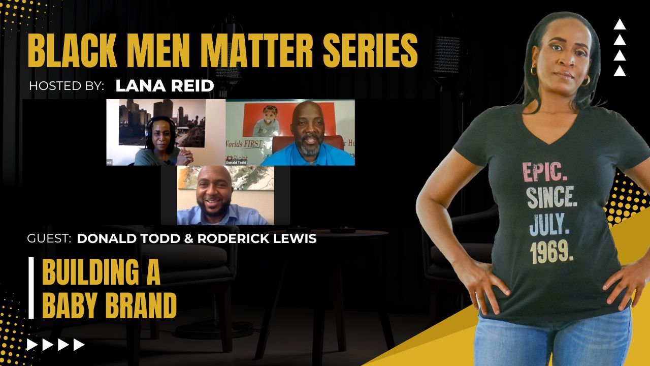 Lana Reid interviewing Donald Todd and Roderick Lewis on The Male Perspective, discussing Baby So Right, entrepreneurship, product development, and building a business for families.