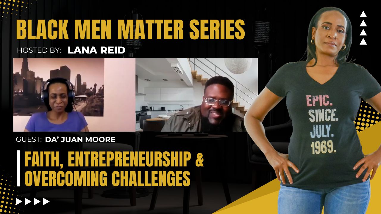 Lana Reid interviewing Da’ Juan Moore on The Male Perspective, discussing faith, perseverance, entrepreneurship, and building successful Black-owned businesses.