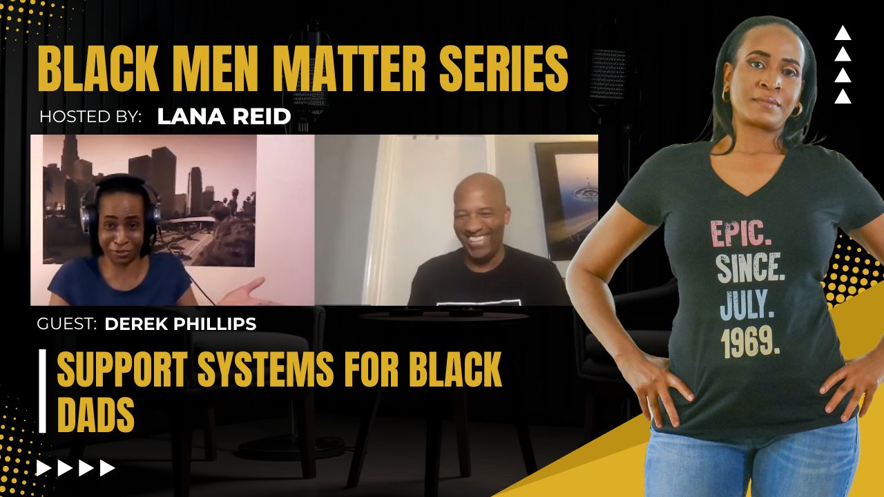 Lana Reid interviewing Derek Phillips on The Male Perspective, discussing Real Dads Network, Black fatherhood advocacy, shared parenting policy, and challenging harmful stereotypes about father involvement.