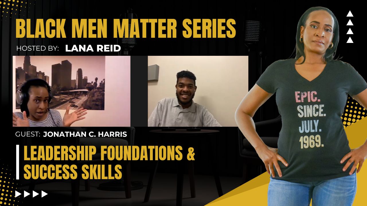 Lana Reid interviewing Jonathan C. Harris on The Male Perspective, discussing leadership development, discipline, success skills for young men, health transformation, and purpose-driven growth.
