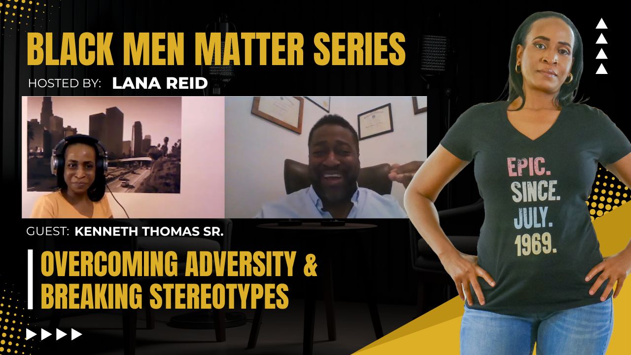 Lana Reid interviewing Kenneth Thomas Sr. on The Male Perspective, discussing overcoming adversity, entrepreneurship, representation in the medical field, and building a purpose-driven career.