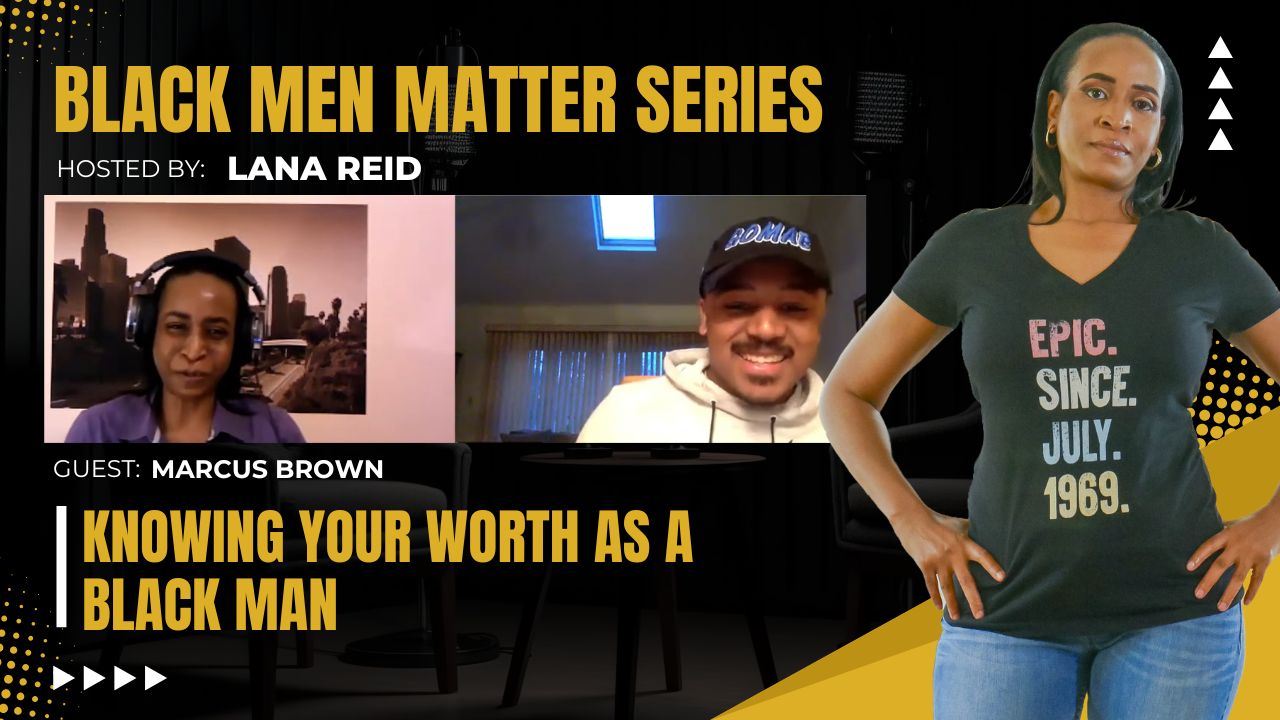 Lana Reid interviewing Marcus Brown on The Male Perspective, discussing the Know Your Worth King movement, identity, mindset, and personal growth for Black men.