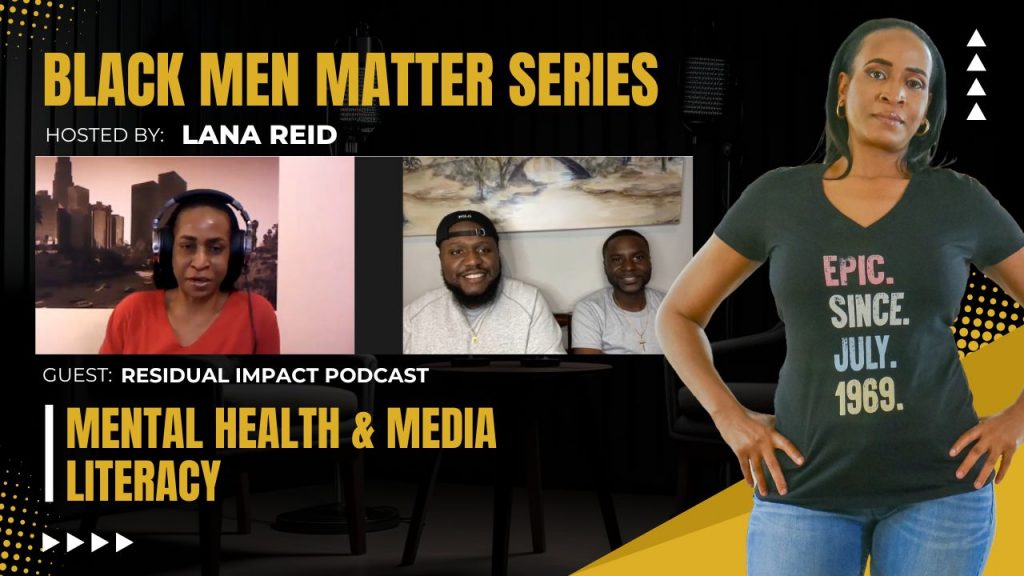 Lana Reid interviewing Brandon Geo and JaMichael on The Male Perspective, discussing mental health check-ins between men, music messaging, social media influence, and accountability in digital communication.