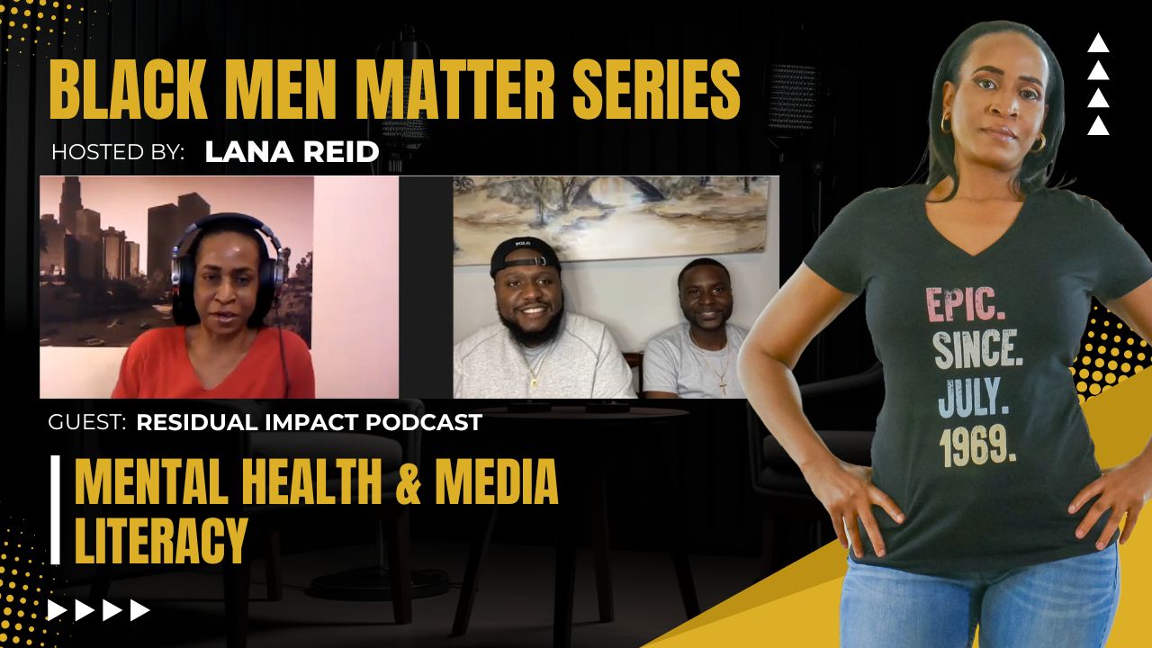 Lana Reid interviewing Brandon Geo and JaMichael on The Male Perspective, discussing mental health check-ins between men, music messaging, social media influence, and accountability in digital communication.