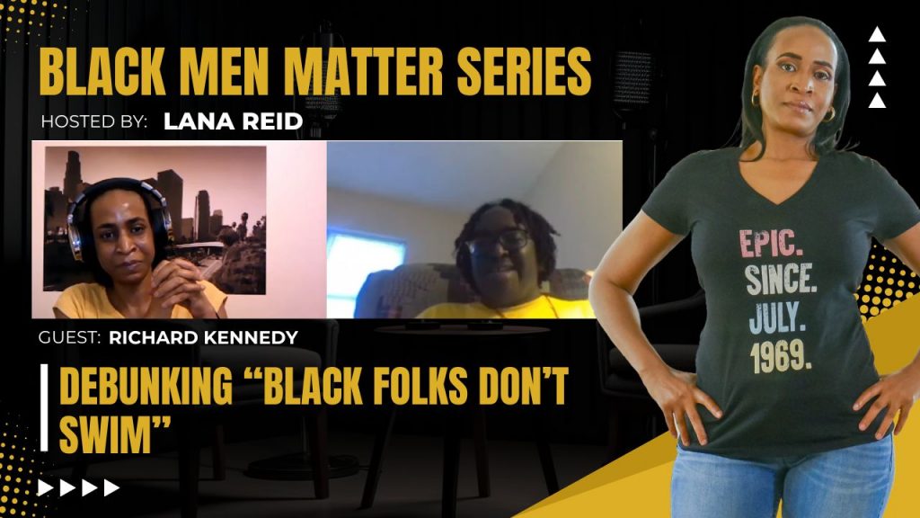 Lana Reid interviewing Richard Kennedy on The Male Perspective, discussing water safety, swimming education, and increasing representation in Black communities.