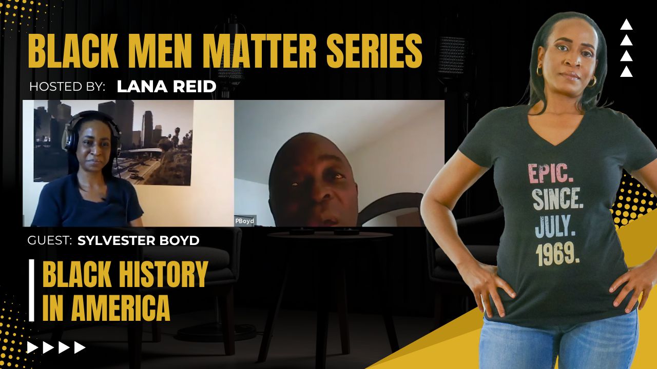 Lana Reid interviewing Sylvester Boyd on The Male Perspective, discussing Black history, racism, education, and historical awareness.