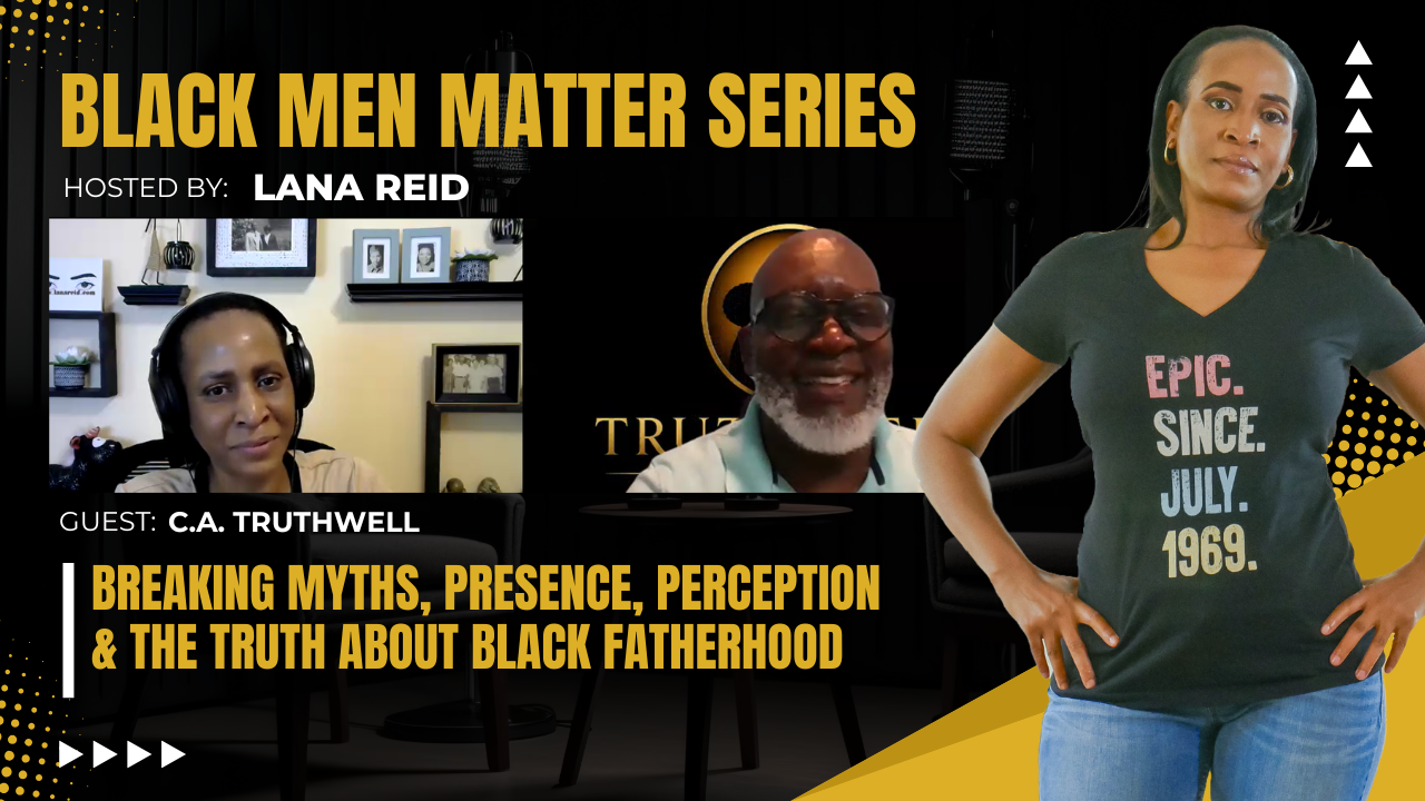 Lana Reid interviewing C.A. Truthwell on The Male Perspective, discussing Black fatherhood, challenging stereotypes, father involvement, and preparing boys for healthy fatherhood.