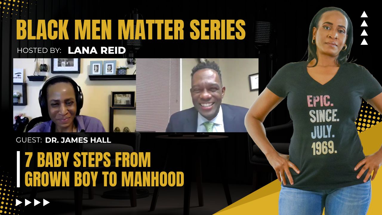 Lana Reid interviewing Dr. James Hall on The Male Perspective, discussing fatherlessness, manhood development, mentorship, and the transition from “grown boy” to responsible man.