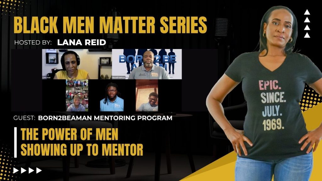 Lana Reid interviewing the men of Born2BeAMan Mentoring Program on The Male Perspective, discussing intergenerational mentorship, Black boys, life skills, emotional development, and men investing in the next generation.